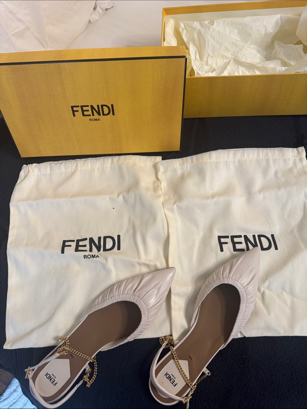 Fendi Cream Pointed Leather Flats with Gold Chain Accent (NIB)